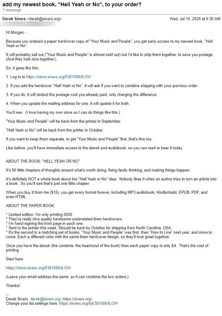Derek Sivers OTO Email