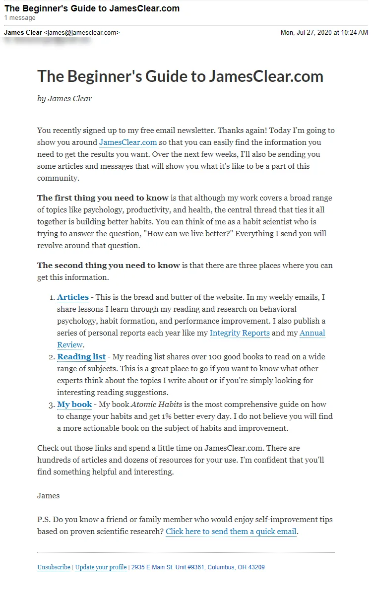 James Clear Welcome Email