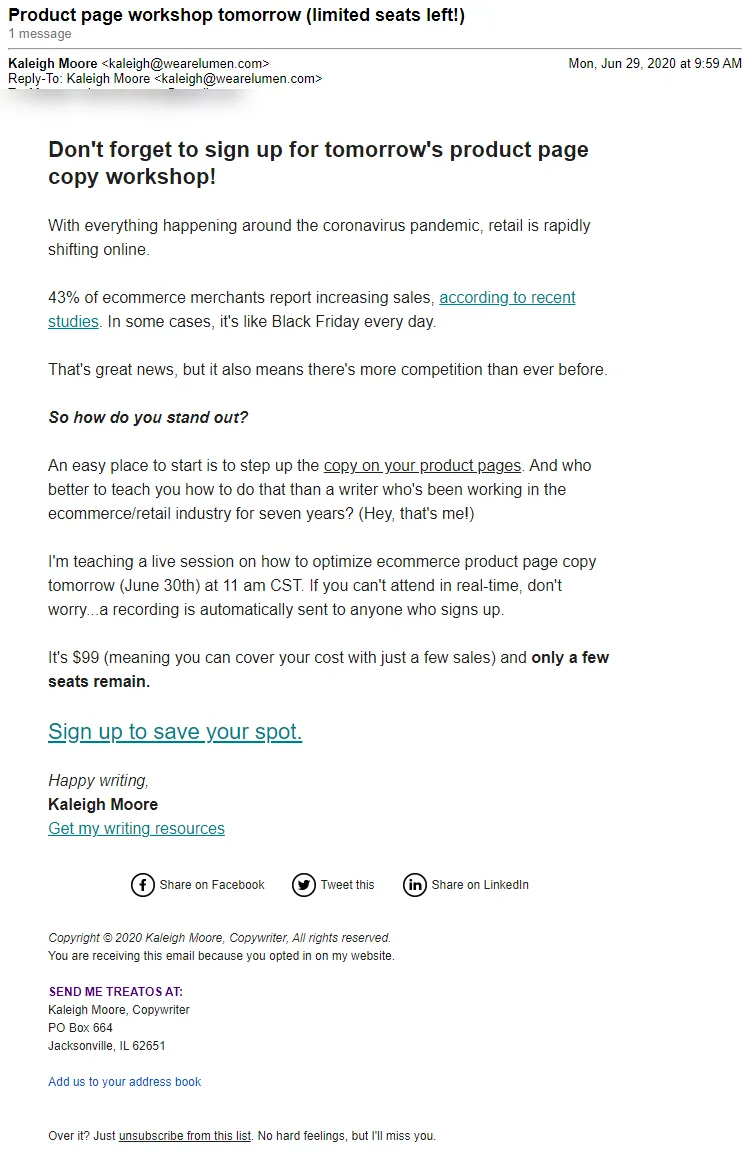 Kaleigh Moore Product Page Workshop Email 1