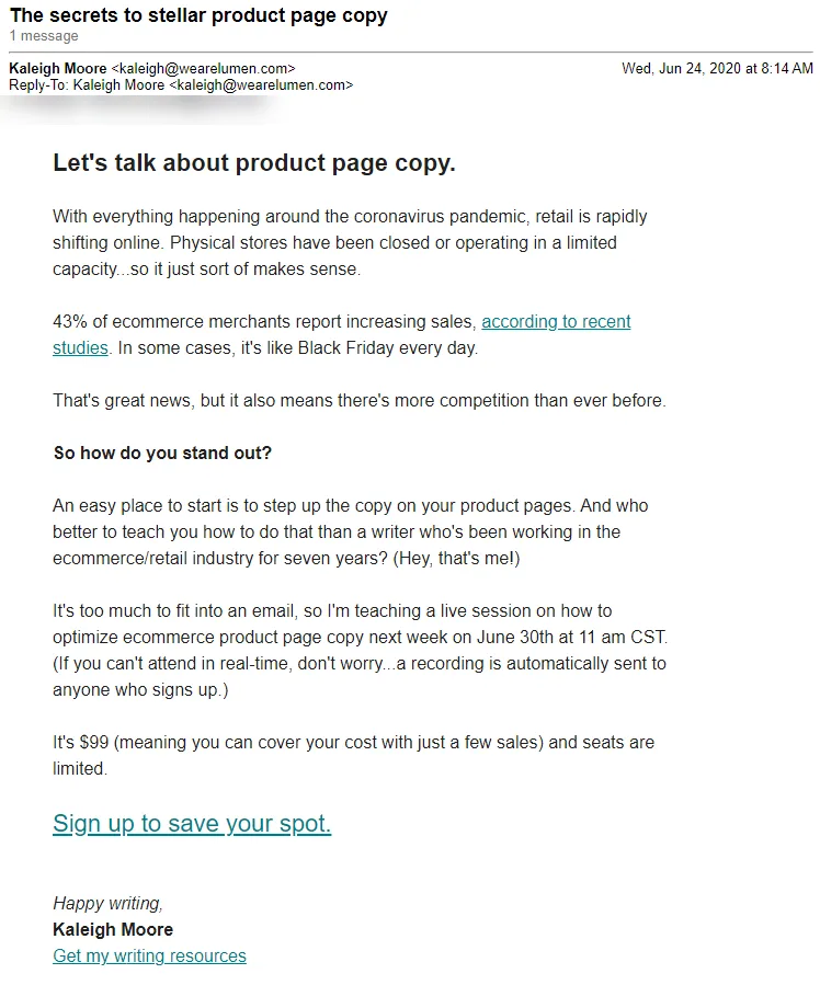 Kaleigh Moore Product Page Workshop Email 2