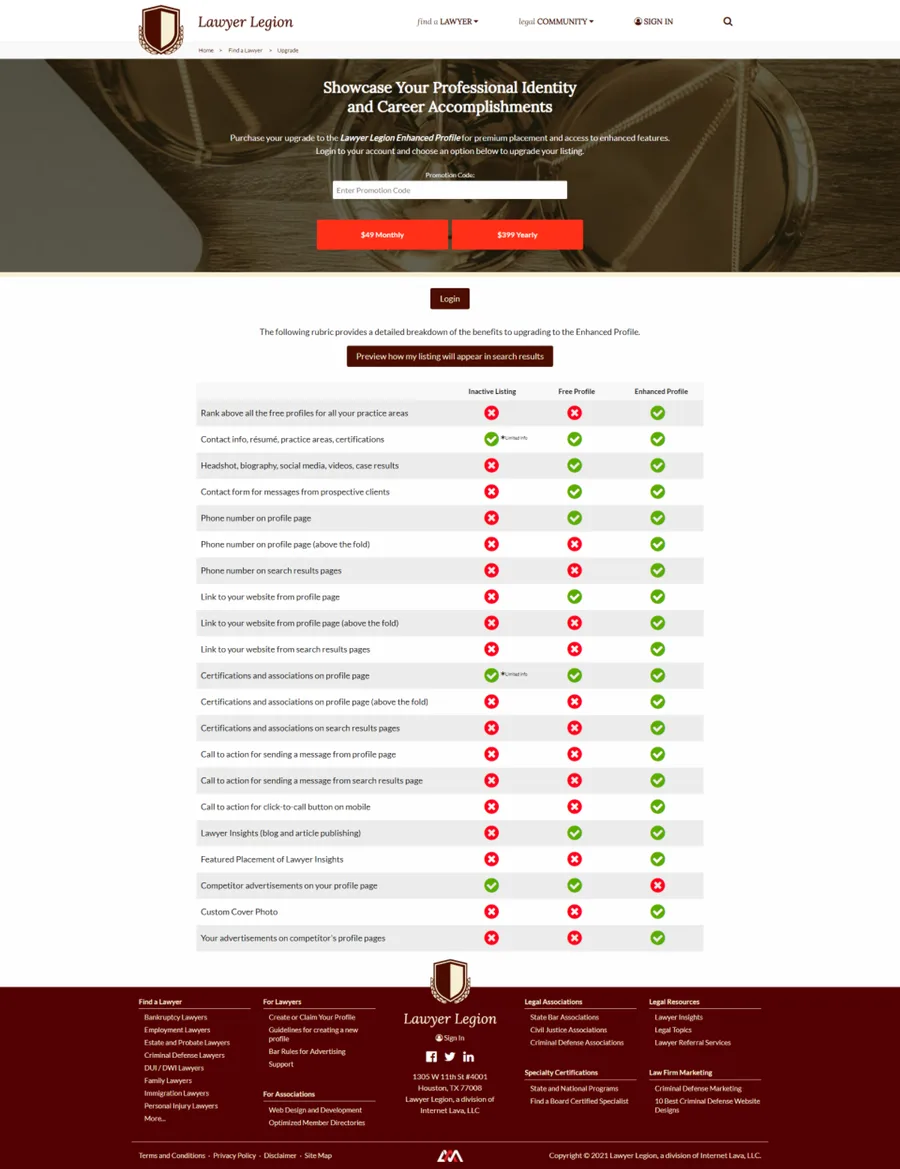LawyerLegion Upgrade Pricing