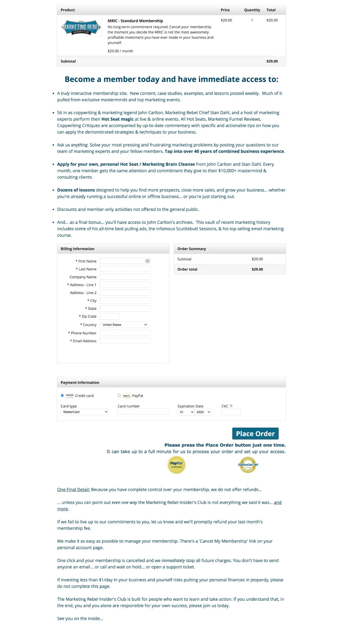 Marketing Rebel Club Checkout