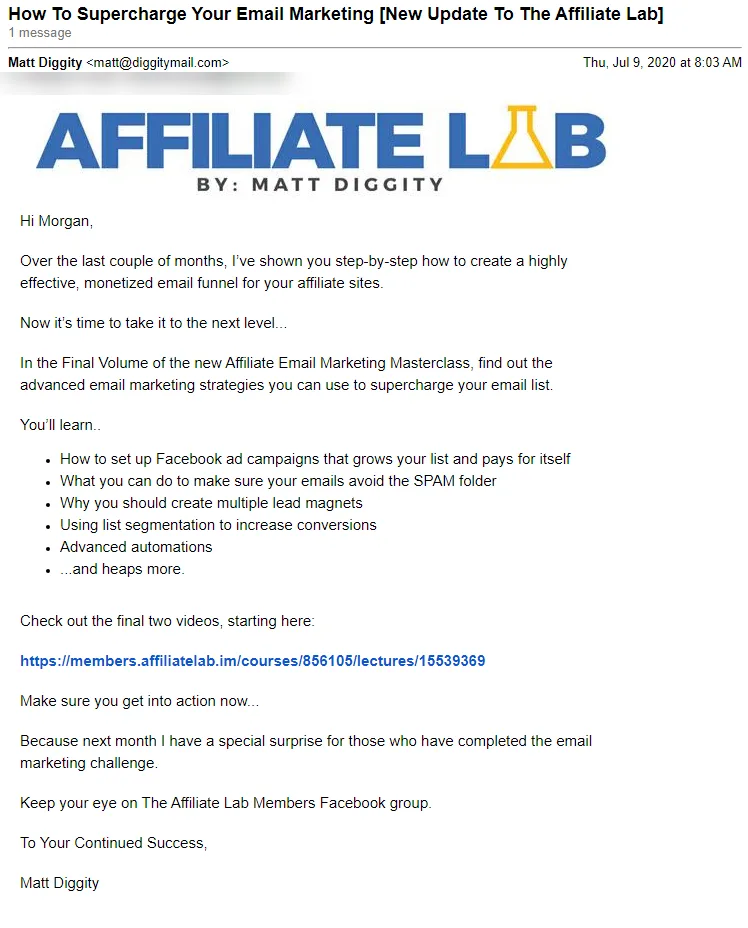 Matt Diggity Affiliate Lab Update Email