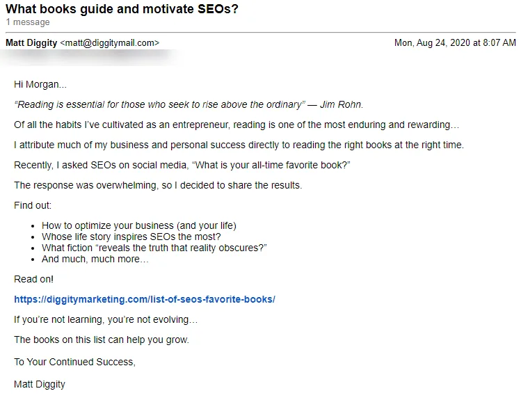 Matt Diggity Book Recommendation Email