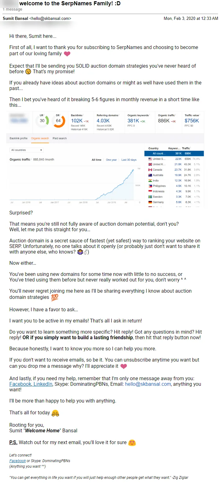 Serpnames Welcome Email