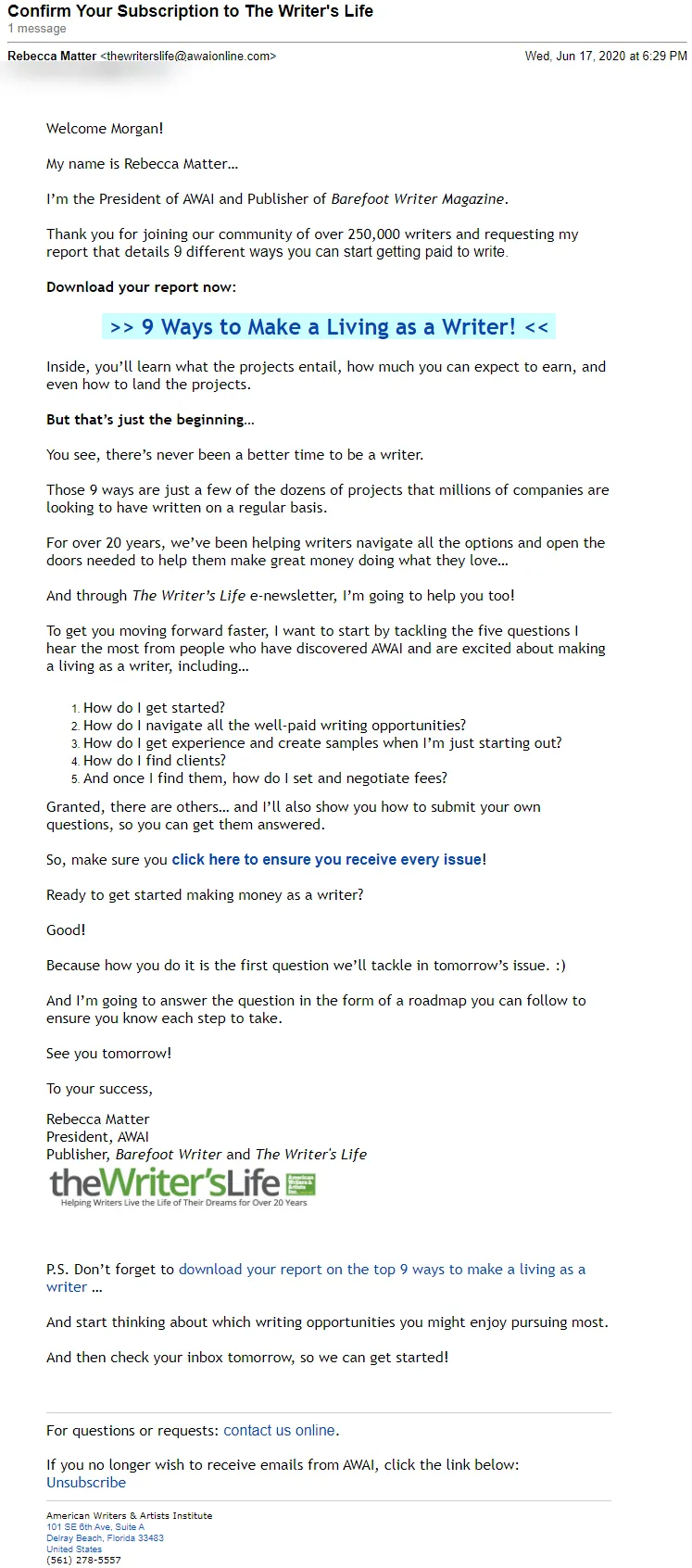 The Writer'S Life Confirmation Email